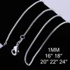 1mm Box Chains Colares Mulheres Homens 925 Esterlina Prata Lobster Clasp Cadeia Fit Pingente Moda Diy Jóias Acessórios 16 18 20 22 24 24