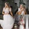 Sexy Two Pieces Country Boho A Line Wedding Dress Off Shoulder Chiffon Lace Appliques Short Sleeves Floor Length Beach Bohemian Bridal Gowns