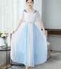 중국 스타일 Cheongsam Blue White Patchwork National Style New Women 's Dress in Summer 개선 된 Hanfu Slim Fairy Long Dress Pink Blue