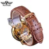 Vinnare Transparent Golden Case Luxury Casual Design Brown Leather Strap Mens Watches Top Brand Luxury Mechanical Skeleton Watch CJ215W