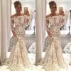New Sexy Arabic Champagne Mermaid Wedding Dresses Off Shoulder Long Sleeves Lace Appliques 3D Flowers Illusion Plus Size Formal Bridal Gowns