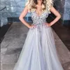 Silver Sexy Open Back Prom Dresses Deep V-neck Straps Long Tulle Sparkly Beading Slit Prom Gowns A-line Formal Evening Dress