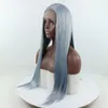 Ombre Light Blue Mix Grey Long Straight Hand Tied Synthetic Lace Front Wig Glueless Heat Resistant Fiber Hair For Black White Women Wigs