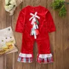 Ropa de diseñador para niños INS Rojo de manga larga con volantes Arco Mamelucos de Navidad Monos Primavera Otoño Ropa de niña RRA1706