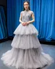 Tulle Tiered Prom Dresses Sheer High Neck Ball Gowns Sleeves Party Dresses Full Beading Sweep Train Formal Mother's Dress