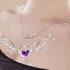 925 Sterling Silver Wisiorek Naszyjnik Angel Wings Naszyjnik Kobiet Fioletowy Cyrkon Wisiorek Miłość Serca Krótki naszyjnik