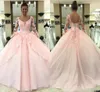 2019 светло -розовые длинные рукава Quinceanera платья аппликация тюля V Шея кружево вверх по вечеру выпускной вечер Sweet 16 Bighting Party Blay Ball Play