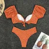 Weißer Polka Dot Bikini Set 2020 Kurze Puffärmel Badeanzug Damen High Cut Bademode Sommer Vintage Orange Badegäste Badeanzug