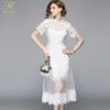 H Han Queen Summer Mesh Patchwork Lace Dress Women O-neck Work Casual Party Slim Sexy White Long Dresses Vintage Vestidos Y19050805