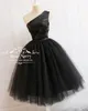 Sexy Black Short Cheap 1950s Prom Dresses 2020 A Line One Shoulder Knee Length Tulle Skirt Simple Formal Evening Graduation Party Gowns