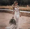Sereia aberta back boho vestidos de noiva glamourosas mangas compridas laço jardim país igreja noiva vestidos de noiva feitos personalizados