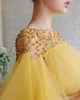 2020 Yellow Evening Dresses Jewel Neck A Line Lace Beaded Floor Length Fairy Prom Dress Tulle Evening Party Wear277I