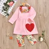 New Valentine's Day Baby Girls Kläder Suit Red Love Heart Spring Pink Top Tshirt Pants Scarf Three Piece Set