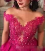 Robes de bal magnifiques fuchsia satin longueur au sol manches manches bretelles dentelle appliques perlées illusion corsage robe de soirée formelle Ocn Wear