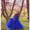 Nieuwe Royal Blue Organza Kleine Meisjes Pageant Jurken Lange Mouwen Juweel Hals Kids Ruches Prom Dresses Verjaardag Partijjurken voor kleine meisjes