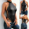 Sexiga kvinnor PU Läder Bodycon Sleepwear Bodysuit Jumpsuit Romper Toppar Playsuit Bandage Lace Up Bodysuits Party Clubwear1