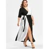 Black And White Plus Size Prom Dresses A Line V Neck Side Split Evening Gown Ankle Length Chiffon Half Sleeves Formal Dress