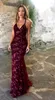 2019 Sparkly Navy Blue Burgundy Sequined Mermaid Hot Evening Dresses Spaghetti Straps Öppna Tillbaka Sweep Train Formal Billiga Prom Party Gowns