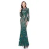 Eremald Green Sirène Robes de bal avec train détachable 2021 Luxury Sequins Applique à manches longues en dentelle à manches en queue de poisson robe de soirée 3036884