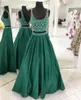Emerald Green Satin Prom Dresses Homecoming 2 Pieces Beading Crystal V Open Back Scoop Two Piece Graduation Pageant Evening Gowns Wear Long