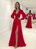 Kırmızı Balo Elbise Artı Boyutu Uzun Kollu Aplikler Boncuklu Seksi Aç Geri Örgün Kadın Abiye Parti Uzun Gala Abiye