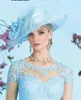 Blue Mother of the Bride Dresses Fitted Knee Length Lace Dress with Long Chiffon Jacket Mother's Dresses