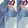 2020 Sky Blue Mermaid Prom Vestidos Jewel Neck Illusion Full Lace pérolas perla Sashes baratos Oriente Médio luxuoso vestido de festa vestidos de noite