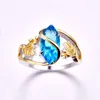 Оптовые глаза Золотые кольца Синий Камень заполнены Листья Кольцо Вовлечение Свадьба Серебро Маркизовые кольца для женщин