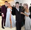 Hailey Baldwin Sky Blue Prom Party Kleider Schulterfrei Schlitz Günstige Formale Kleider Mit Hoch Aufgeschlitzten Afrikanischen Abend Promi Kleid