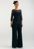 Navy Beaded Mother Of The Bride Pant Suits Sheer Bateau Neck With Long Sleeves Jackets Wedding Guest Dress Plus Size Mothers Groom Dresses