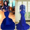 2019 Royal Blue negras africanas Prom Vestidos manga comprida Sexy ver através Cetim Renda Formal Mermaid Evening vestidos