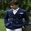 ファッションブルーストリップ新郎Tuxedos優秀なダブルブレストの新郎の結婚式のジャケットブレザー男性正式なプロミク/ディナースーツ（ジャケット+パンツ+ネクタイ）210