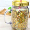 Sap Suyu Cup ile Kapak ve Hasır Yaz Drinkware Mason Jar ile Yeni 15oz Yaratıcı Pullarda Plastik Şişe