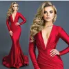 Сексуальная русалка красные вечерние платья рюшами глубокий V-образным вырезом с длинными рукавами формальное платье выпускного вечера Vestidos эластичный шелк, как Атлас BA8971