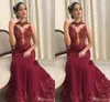 Elegancki Afryki Nigeryjczyk Dark Red Mermaid Suknie Wieczorowe Sheer Jewel Neck Długość Prom Dress Formalna Suknia Wieczorowa Abendkleder