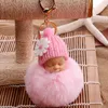 Cute Sleeping Baby Doll Keychain Pompom Helmet Rabbit Fur Ball Carabiner Key Chain Keyring Holder Bag Pendant key Ring Gift 01OY