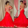 Saudiarabien Röd Prom Klänningar Lace Appliques Sheer Long Sleeves Mermaid Evening Gowns Sexig Off Shoulder Backless Formell Party Dress