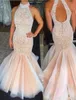 2019 New Halter Neck Mermaid Prom Dresses Collo alto Champagne Keyhold Indietro Tulle Strass con perline Abiti da sera per feste al piano superiore