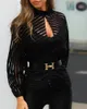 2019 Kvinnor Stripes Keyhole Front Mesh Blouse Office Lady Mock Neck Långärmad Blus Casual Workwear Toppar Blusa de Mujer