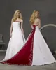 Abiti da sposa rosso e bianco senza spalline Abiti da sposa country con perline ricamate Impero Cattedrale Tail Cheap A Line Abito da sposa modesto