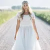 2019 Tanie Boho Beach A Line Suknie Ślubne Koronkowe Aplikacje Klejnot Neck Krótkie Rękawy Tulle Sweep Train Plus Size Bohemia Niestandardowe suknie ślubne