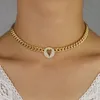 luxury gold filled women necklace valentines gift heart cubic zirconia cz Miami wide curb cuban link chain choker necklaces