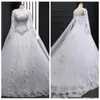 White Organza Long Sleeve Ball Gown Plus Size Beach Wedding Dresses Crystal abito da sposa Real Po Wedding Gowns With Wrap H0325236384