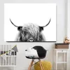 Czarne białe Highland Cow Cow Cow Cow Center Art Nordic Paintings Plakat i druk skandynawski obraz ściany do salonu 4704068