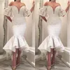 Arabisch Goedkope Dubai Sexy Off Schouder Korte Zeemeermin Prom Jurken Kant Tule Hoog Laag Formele Jurk Avondfeest Jurken Abendkleider