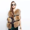 Women Winter Imitate Raccoon Dog Fur Vest , Thicken Warm Patchwork Brown Outerwear