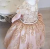 New Vintage Cute Girls Pageant Dresses Jewel Neck Blush Pink Lace Appliques Pearls Short Sleeves Wth Bow Kids Wedding Flower Girls Dresses