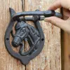 2 Pieces Cast Iron Antique Style Horse Head Door Knocker Decor Rustic Brown Finish with Horseshoe Handle Western Doorlatch Metal Gate Vintage Decoration Animal