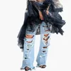 Women's Fashion High Waist Jeans Shredded Hole Edging Straight Trousers Distressed Boyfriend Ripped Jeans for Women S-2XL