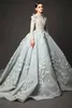 Elie Saab 긴 소매 이브닝 드레스 높은 목 채표 기차 3D-Floral Appliques 오버 스티즈 파티 드레스 레드 카펫 드레스 저녁 4017